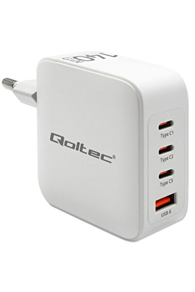 Qoltec Încărcător fără cablu GaN cu un port USB-A și 3 porturi USB-C, 140W Po...