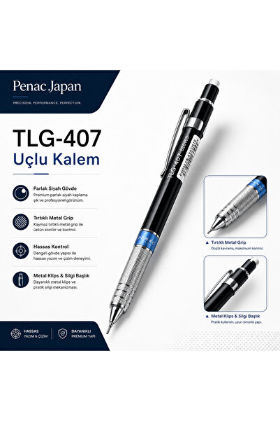 PENAC TLG-407 0.7 mm Metal Gripli Uçlu Kalem, Siyah Gövde, Kaymaz Tutuşlu Pro...