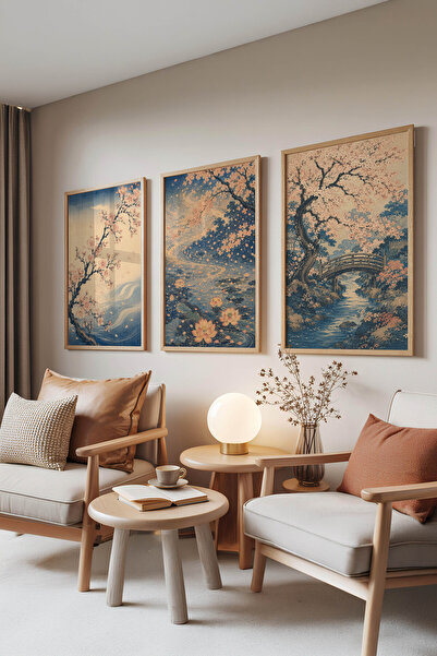 Zestia Set de 3 tablouri cu rame din lemn, Ukiyo-e Sakura Cherry Blossom, Set...