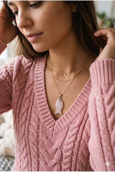 ZGNOVA Fish Shaped Pink Kuars Natural Stone Pendant Steel Necklace