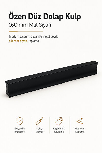 Badem10 Özen Düz Mat Siyah Metal (160 mm - 16 cm) Çekmece Kulbu Mobilya Dolap...