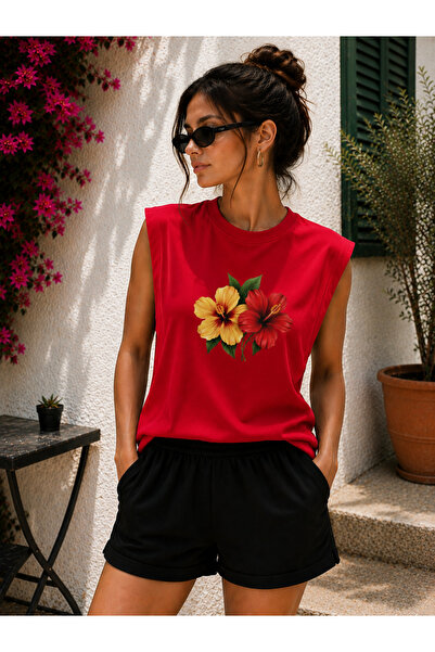 caddekombin Zero Sleeve Floral Printed Cotton Combed Crew Neck T-Shirt