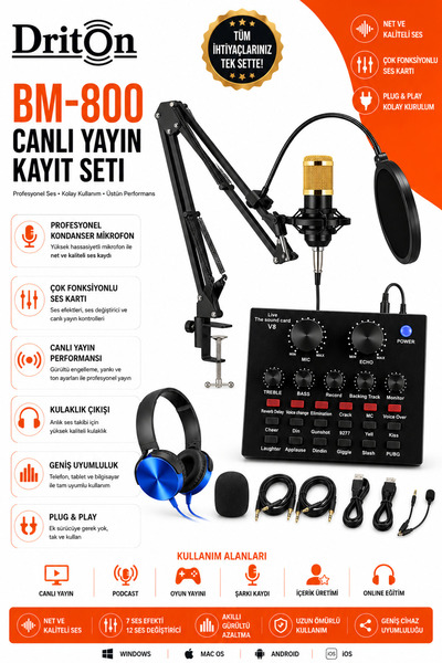 DRİTON BM-800 + V8 SES KARTI SARI PODCAST TİKTOK YOUTUBE YAYINCI CONDENSER Mİ...