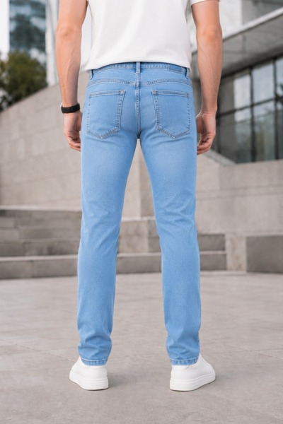 Ser Joven Men's Light Blue Jean Trousers Slim Fit Lycra Narrow Leg Five Pocket Straight Denim