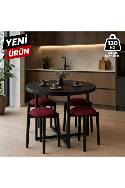 EDMONDA EV AKSESUAR ATLAS YUVARLAK 90 ÇAP PUFLU 4 KİŞİLİK MASA TAKIMI BALKON ...