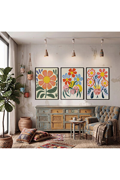 KOLAJTASARIM Cheerful Abstract Flowers 3-Piece Black Framed Painting Set Bohe...