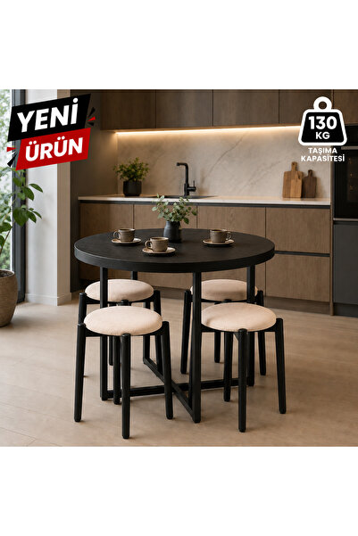 EDMONDA EV AKSESUAR ATLAS YUVARLAK 90 CM PUFLU 4 KİŞİLİK MASA TAKIMI BALKON M...