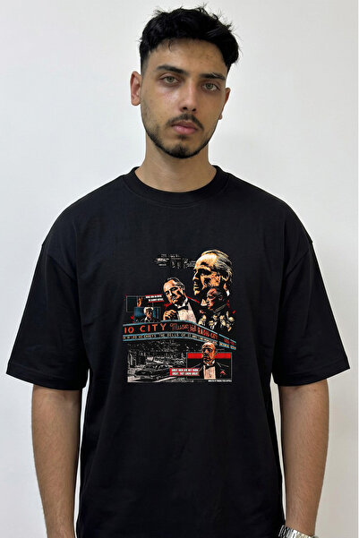 Anetos Godfather Design Printed Oversize Black T-Shirt