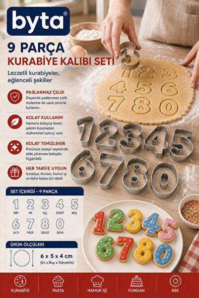 BYTA 9'lu Rakam Kurabiye Kalıbı Seti Paslanmaz Çelik Kurabiye ve Şeker Hamuru...