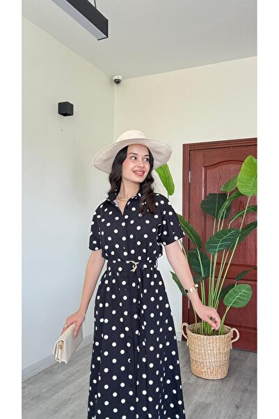 modadagiyim Polka Dot Short Sleeve Buttoned Belted Maxi Length Shirt Collar V...