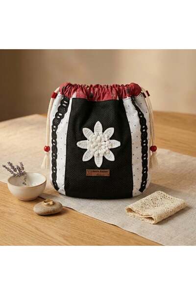 Hanife Baylam Handmade Black and White Floral Detailed Drawstring Organizer B...