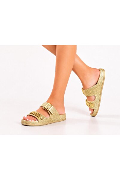 FLEXİS Women's Straw Look Double Buckle Chain Detailed Casual Slippers