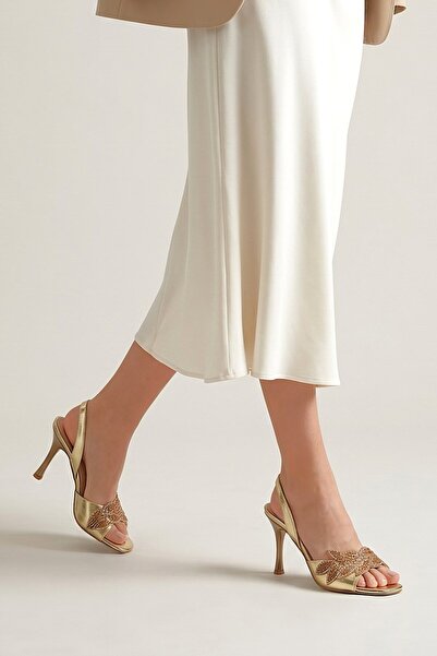 Gökhan Talay Norin Flexible Soft Non-Slip Sole (8 cm) Gold Metallic Stone Lea...