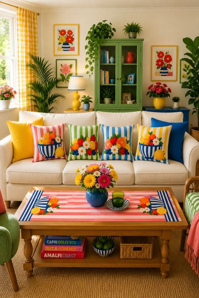Befahomes Retro Summer 4'lü Kırlent Kılıfı + 1 Adet Runner Set