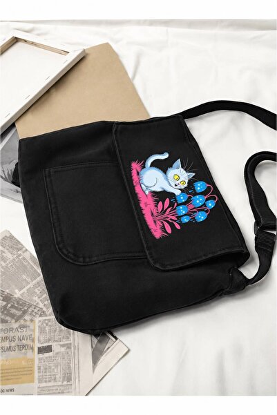 Minga London Black Cat and Flower Printed Denim Messenger Bag