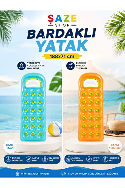 SAZE Bardaklıklı Şişme Deniz ve Havuz Yatağı 188x71 cm | Yetişkin ve Çocuklar...