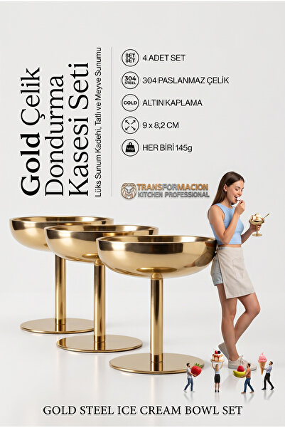 Transformacion 4'lü Gold Çelik Dondurma Kasesi Seti - Lüks Sunum Kadehi, Tatl...