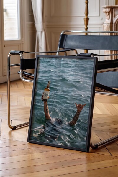 Postifull Arm and Bottle in the Sea Poster, Black Framed Poster, Old Money Se...