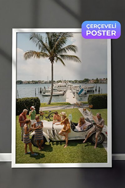 Postifull Car and Seaside Poster, White Framed Poster, Old Money Series, No:1...