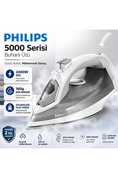 Philips 5000 Serisi Buharlı Ütü, 2400W, 160 g Şok Buhar, SteamGlide Plus Taba...