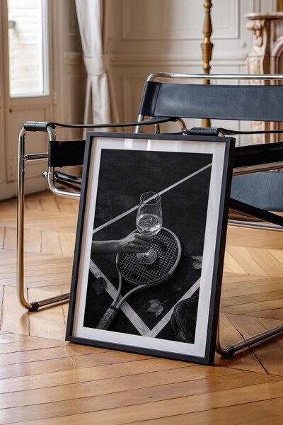 Postifull Tennis Racket and Wine Glass Poster, Black Framed Poster, Old Money...