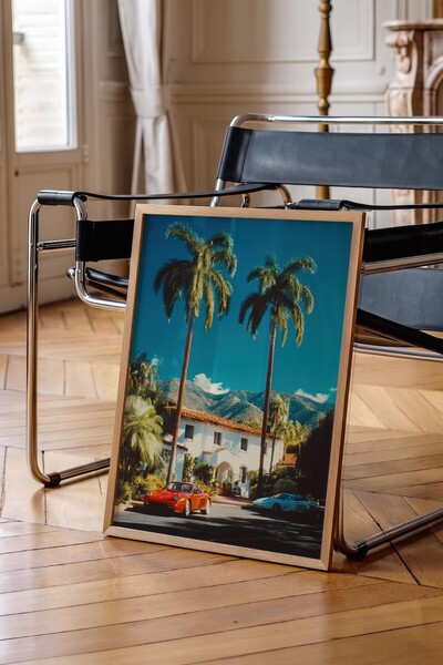 Postifull Palm Tree and Car Poster, Wooden Framed Poster, Old Money Series, N...