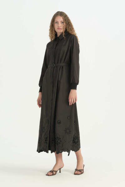 Nihan Comfortable Fit Dress with Embroidered Hem and Belt - Black