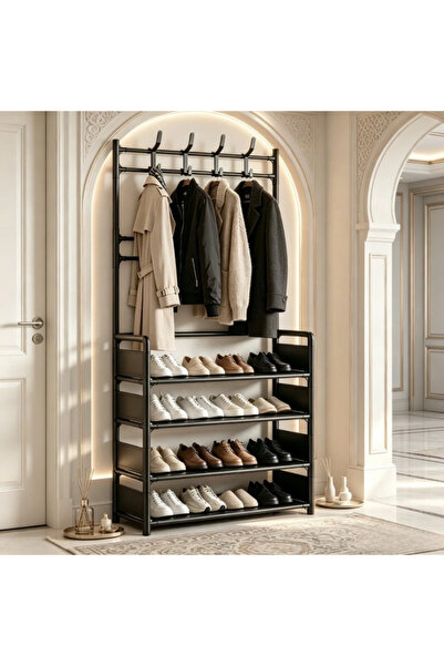 Generic 4-layer shoe storage rack, coat hanger in the entrance hall. Metal fr...