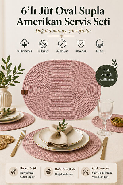Fabrix Home 6-Piece Oval Jute Platter American Service Set Pink Color Bohemia...