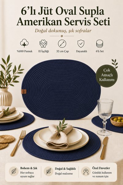 Fabrix Home 6-Piece Oval Jute Platter American Service Set Navy Blue Color Bohemian Tableware Presentation Plate Coaster