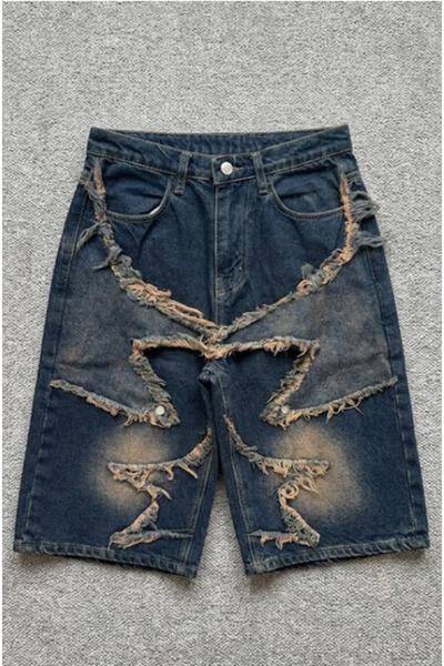 BALİNA Lacivert Taşlamalı Star Vintage Y2K Unisex Baggy Şort