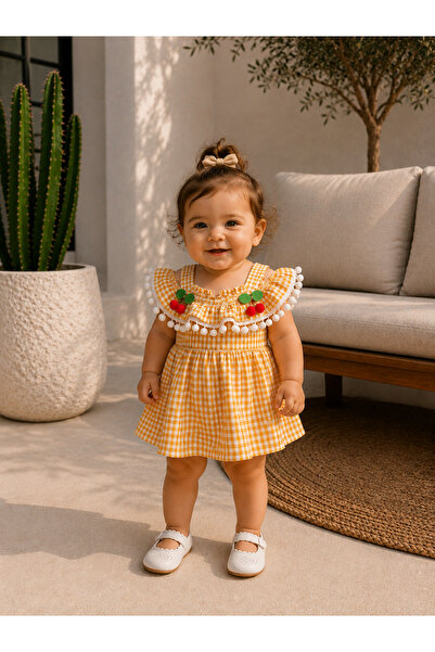BAHNUR Yellow Gingham and Cherry Detailed Baby Dress – White Pompom Stripe an...