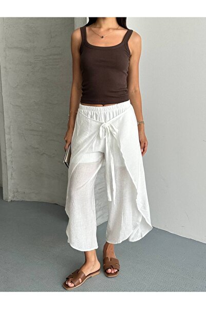 Butik Beyza Layered Look Wide-Legged Trousers with Tie-Up Detail