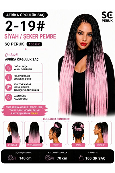 SÇ PERUK African Braiding Hair Ombreli 2-19 #   Black/Sugar Pink 100 Gr Kanek...