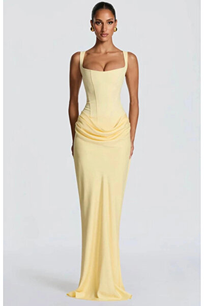 Bak Moda Maxi Scuba Crep Yellow Fit Dress