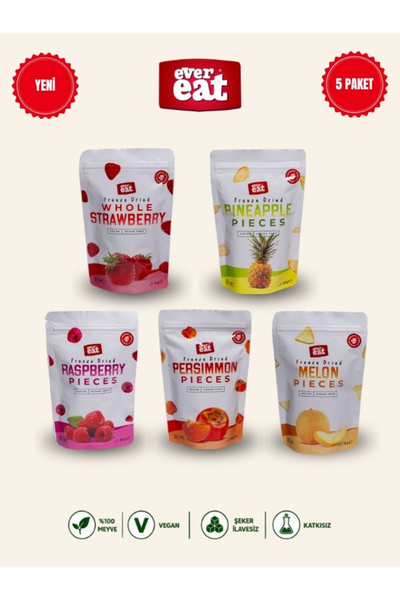 Freeze Dry Meyve Cipsi 5'li Set Çilek Ananas Frambuaz Hurma Kavun Kurutulmuş Meyve