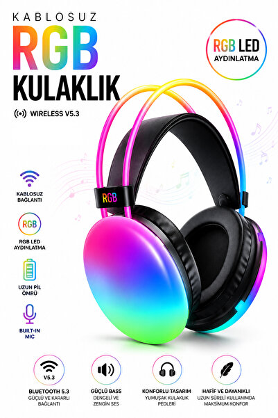 TECHNOMEN Full RGB Kablosuz Bluetooth 5.3 Kulak Üstü Kulaklık RGB Işıklı Mikr...