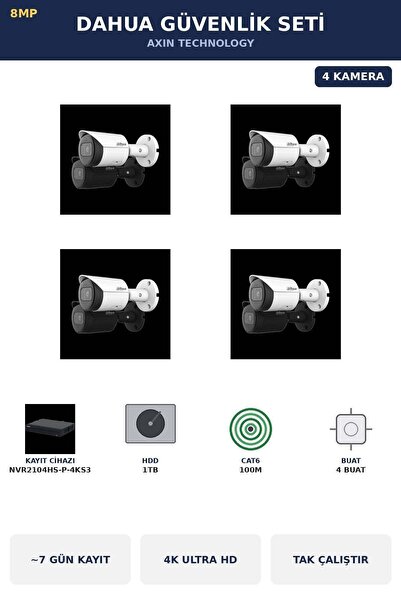 DAHUA 4 Kameralı 8MP Güvenlik Kamera Seti 4K 8MP IP PoE Bullet Dış Mekan 1TB ...