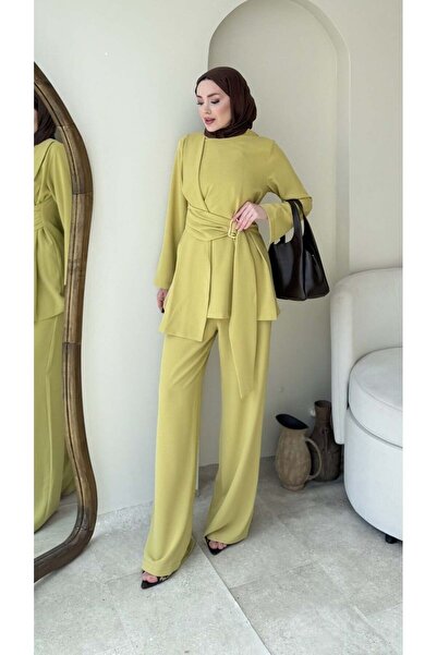 Miraydın Butik طقم بنطلون نسائي بحزام جانبي مفصل M2633 - أخضر زيتوني