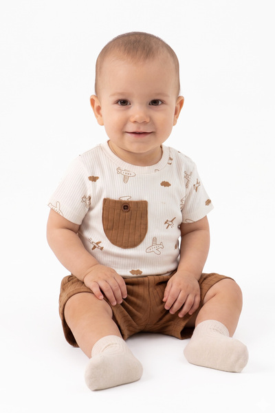 bebegen Baby Boy Ecru Tile Plane Printed Pocket Shorts 2-Piece Set