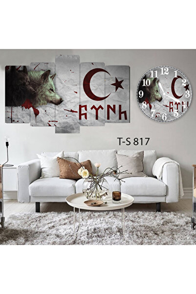 BellaaaModa Kurt temalı Dekoratif Desenli Mdf Tablo 5 Parça Set ve Saatli Tak...