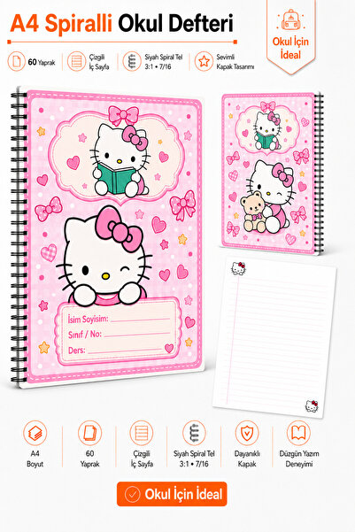 Morinna Hello Kitty Temalı A4 Spiralli Okul Defteri 60 Yaprak Çizgili İç Sayf...