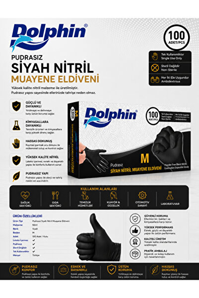 Dolphin Pudrasız Siyah Nitril Muayene Eldiveni – M Beden | 100 Adet
