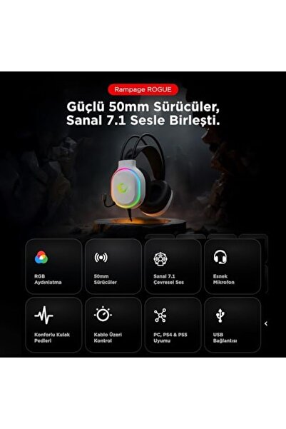 Yıldızan edl shop سماعات رأس ROGUE بيضاء اللون USB RGB LED للألعاب مع ميكروفو...