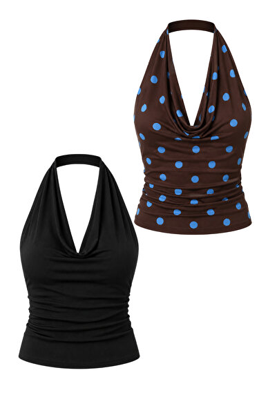 DI LORIA Women's Degaje Collar Crop 2-Piece Set (Brown - Blue Polka Dot & Black)