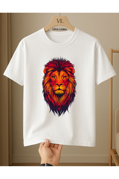 VİVA LORA Red Lion Printed Unisex 100% Cotton Crew Neck Regular T-Shirt