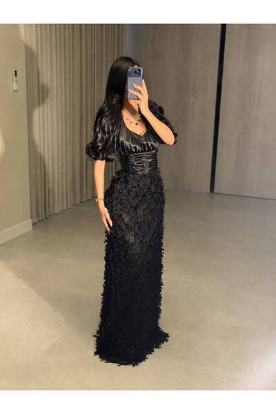 CACHE MONNEY "Black Orchid" Luxury Dress with Embroidery on Satin and Tulle