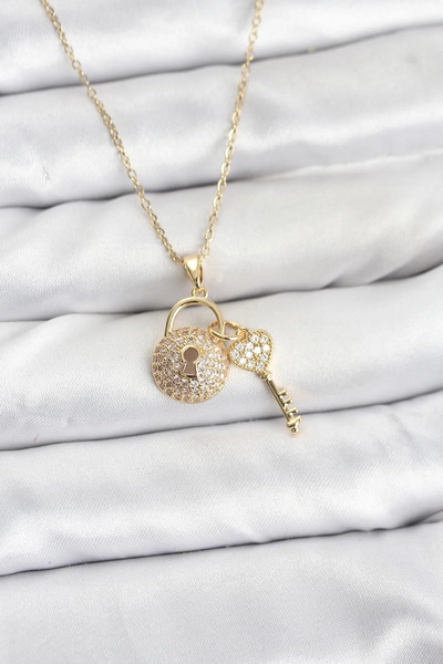 Marsilyan 316L Steel Chain Gold Color Lock Key Model Zircon Stone Women's Nec...