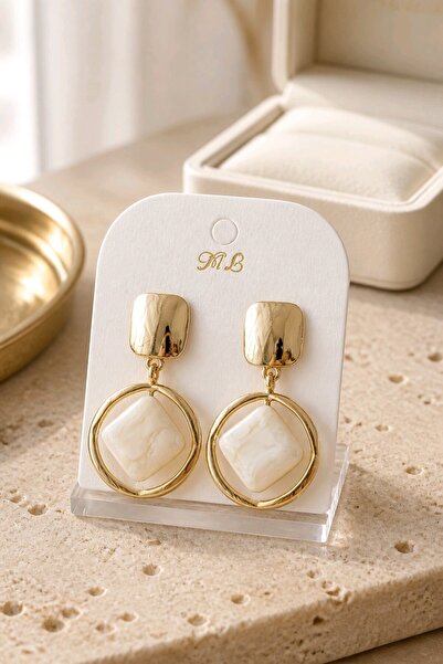 mosmoda Krem Taşlı Gold Küpe