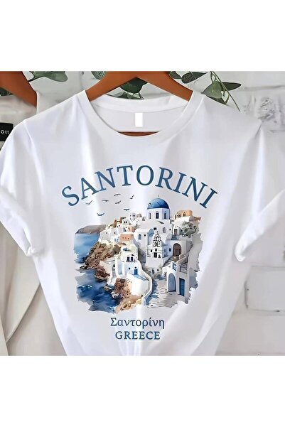 12 Teknoloji Santorini Printed Round Neck T-Shirt, Casual Short-Sleeve Top fo...
